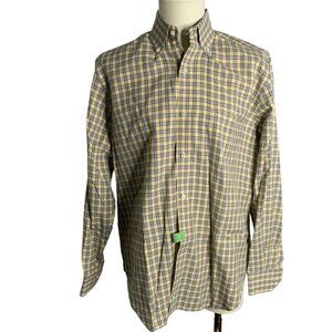 Tailor Byrd Button Down Long Sleeve Shirt L Yellow Plaid Flip Cuff Pocket Cotton